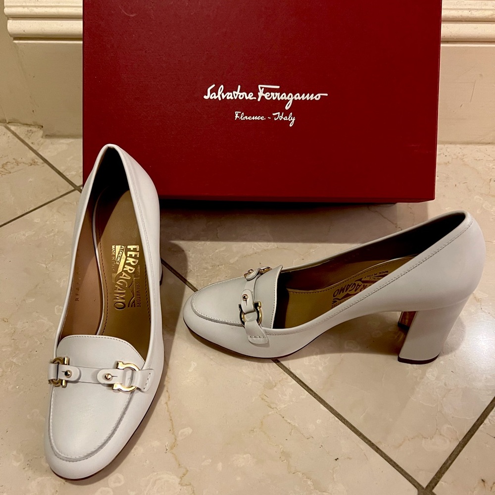 Ferragamo Heeled White Loafers. Runs small